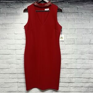Calvin Klein Dress Women 14 Red Scuba Embellished Mock Chocker Sleeveless Sheath